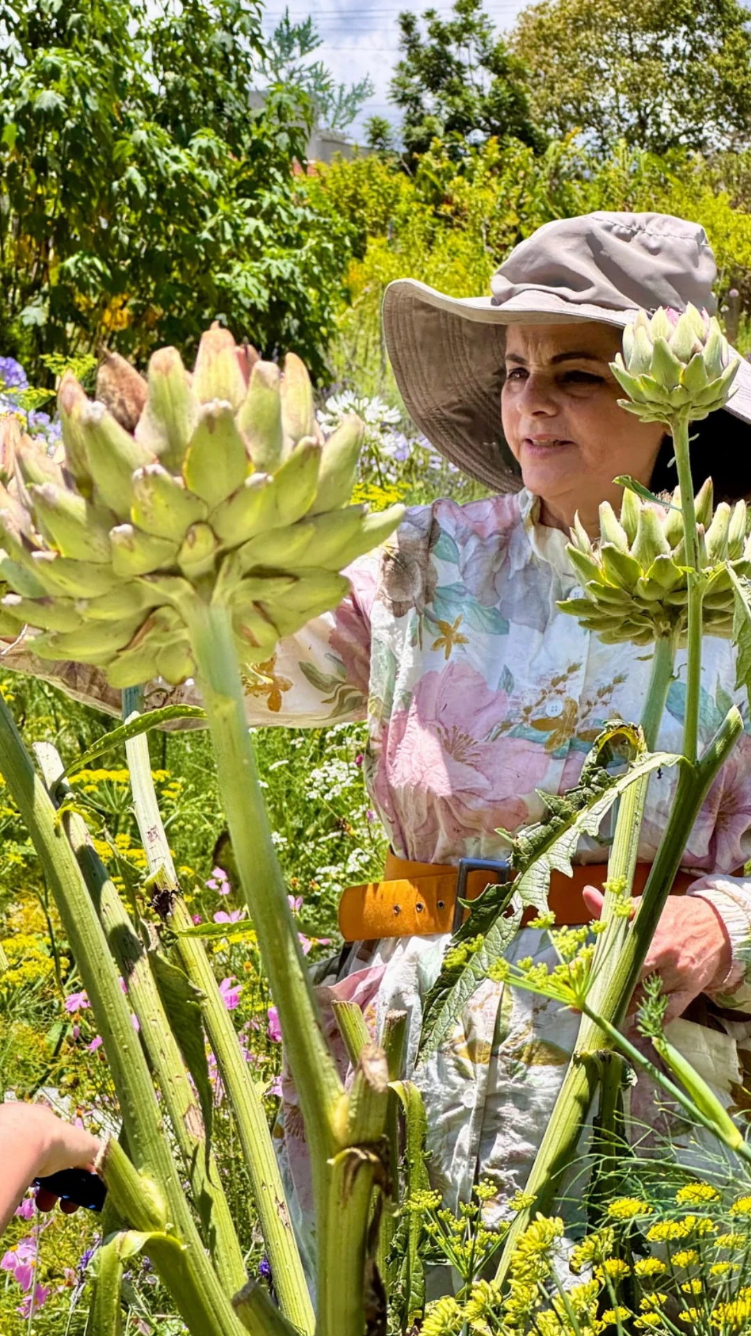 Núria observando as plantas cultivadas no jardim